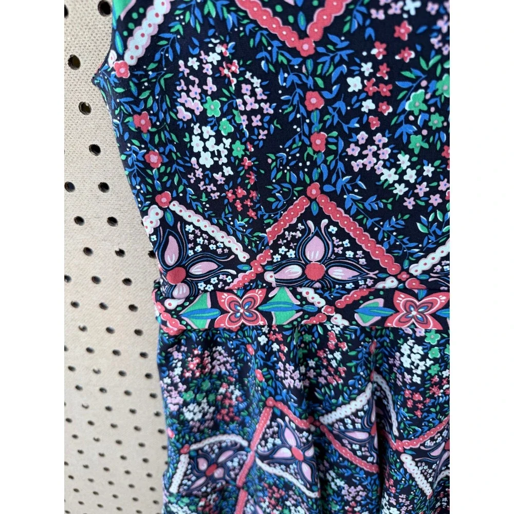 Free People M Geometric Print Tiered Mini Dress Navy Pink Sleeveless V-Neck